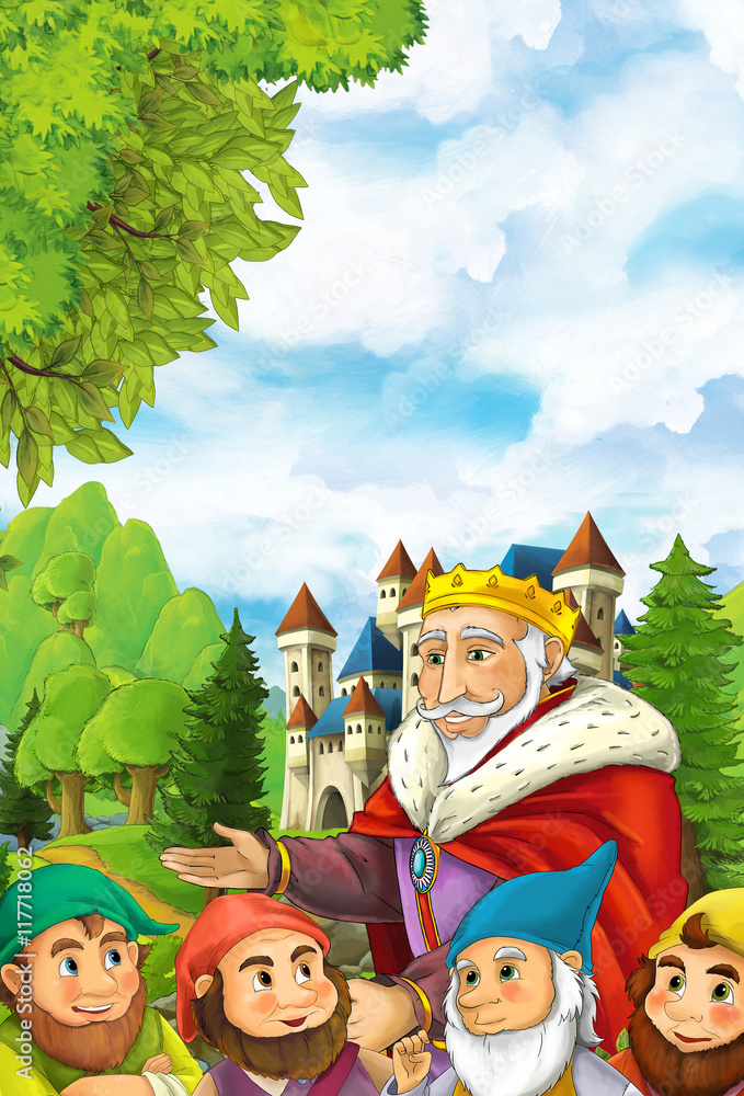 Fototapeta Cartoon scene of some miners or dwarfs near big and colorful castle - illustration for children