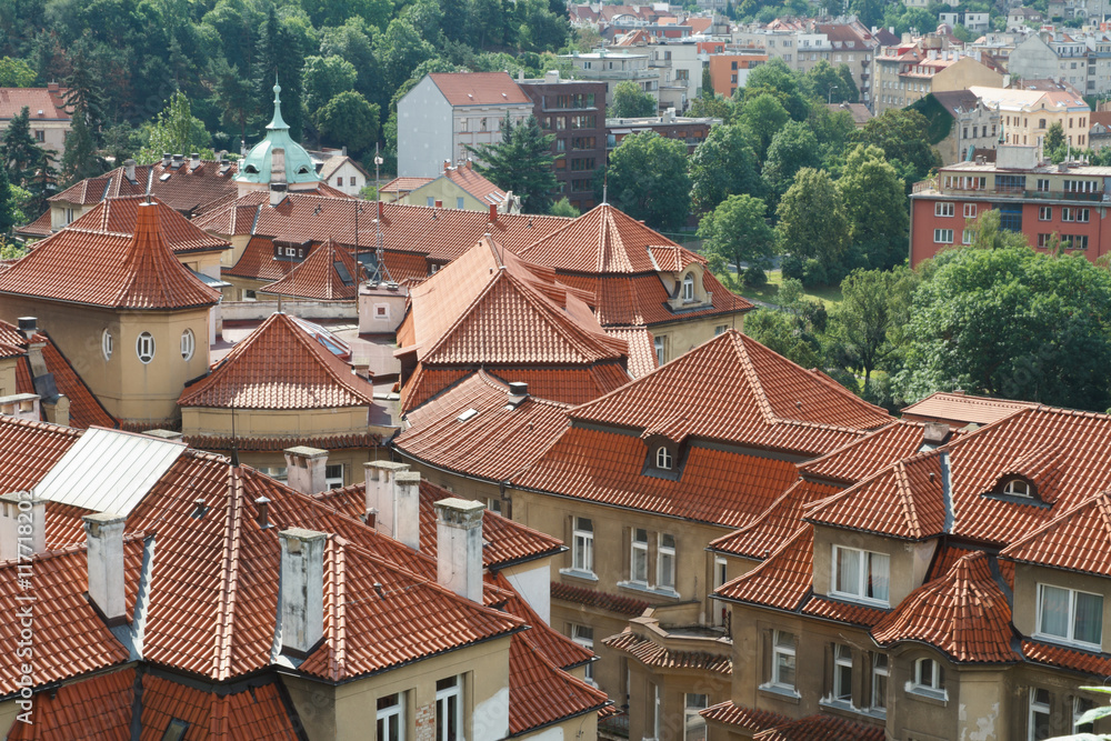View of the red roofs of old Prague. 
