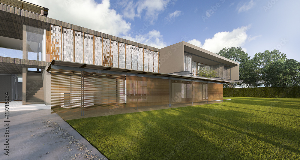 3d rendering nice modern style house with beautiful ground 3d rendering nice modern style house with beautiful ground