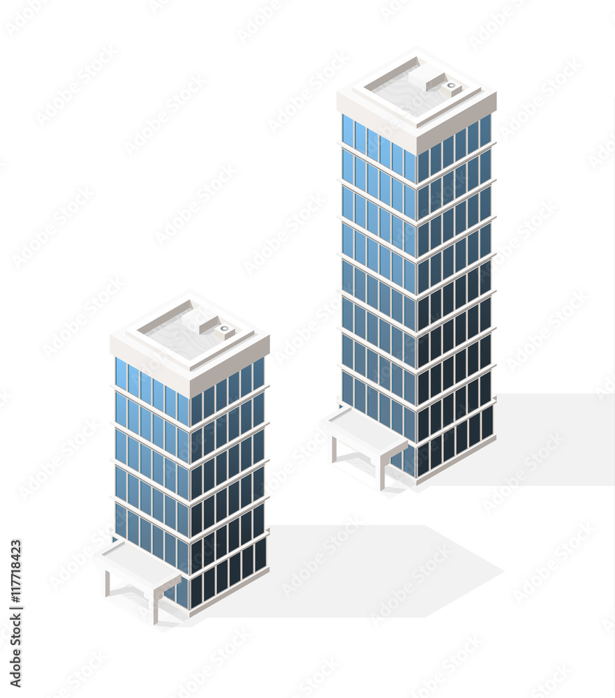 Isometric High Quality City Element with 45 Degrees Shadows on White Background. Skyscraper. Isometric High Quality City Element with 45 Degrees Shadows on White Background. Skyscraper.