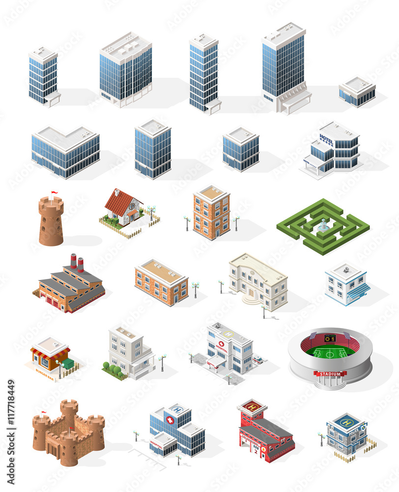 Naklejka premium Set of Isometric High Quality City Element for Map. Buildings.