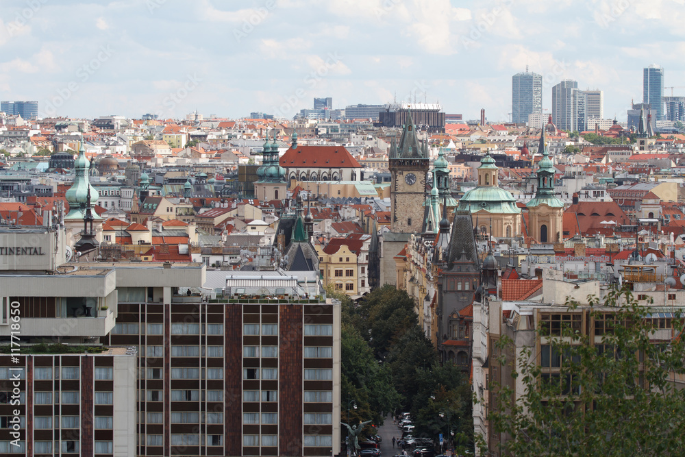 Panoramic view of modern and ancient buildings. Prague, Czech Republic
