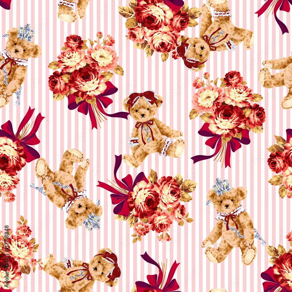 Naklejka premium クマと花束のパターン