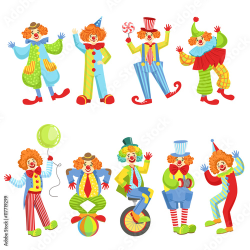 Set Of Colorful Friendly Clowns In Classic Outfits
