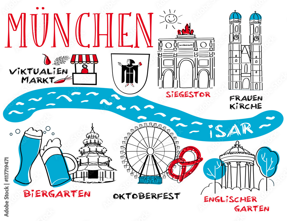 Fototapeta premium Monachium, rysowana mapa miasta z atrakcjami