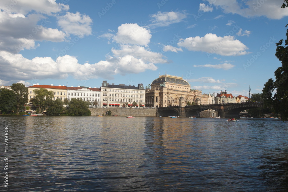 View over the river Vltava at the National Theatre. Prague, Czech 