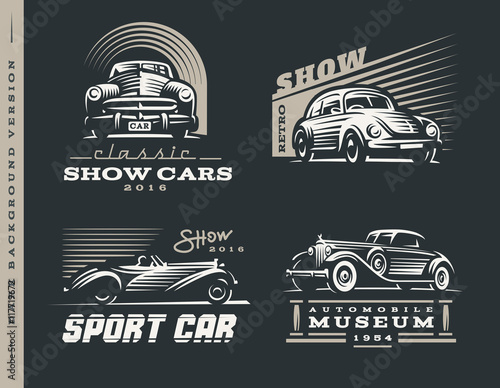 Classic car illustrations set on dark background.