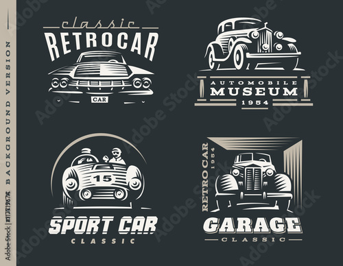 Classic car illustrations set on dark background.