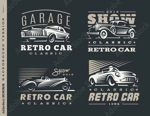 Classic car illustrations set on dark background.