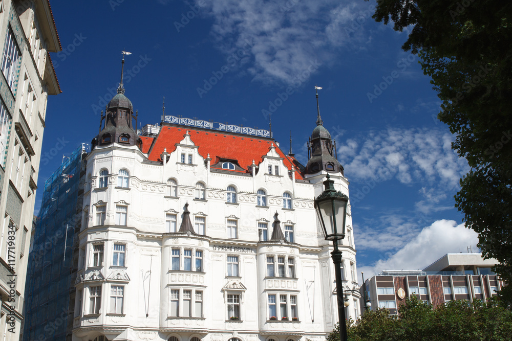 Obraz premium U Prvni Reduty building the Jewish Quarter, Prague, Czech Republic 