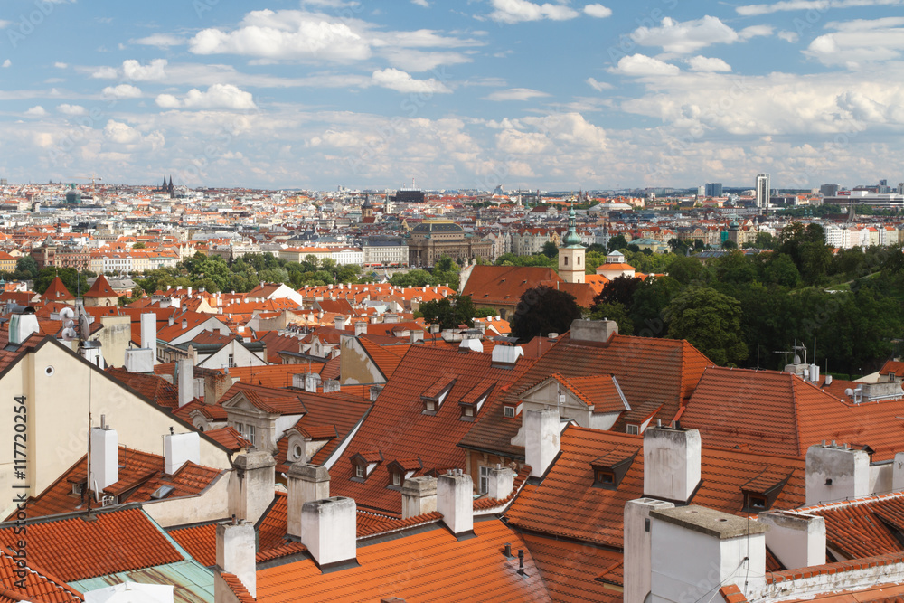 View of the traditional houses with red roofs in Prague