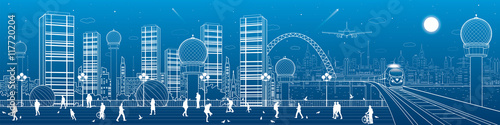 Urban and transportation panorama, office buildings and towers, train rides on the bridge, people walk on the square, city infrastructure, neon town, airplane fly, vector design art