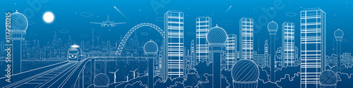 City and transport futuristic panorama, train on the bridge, skyline, tower and skyscrapers, communication technology, white lines landscape, night town, airplane fly, vector design art