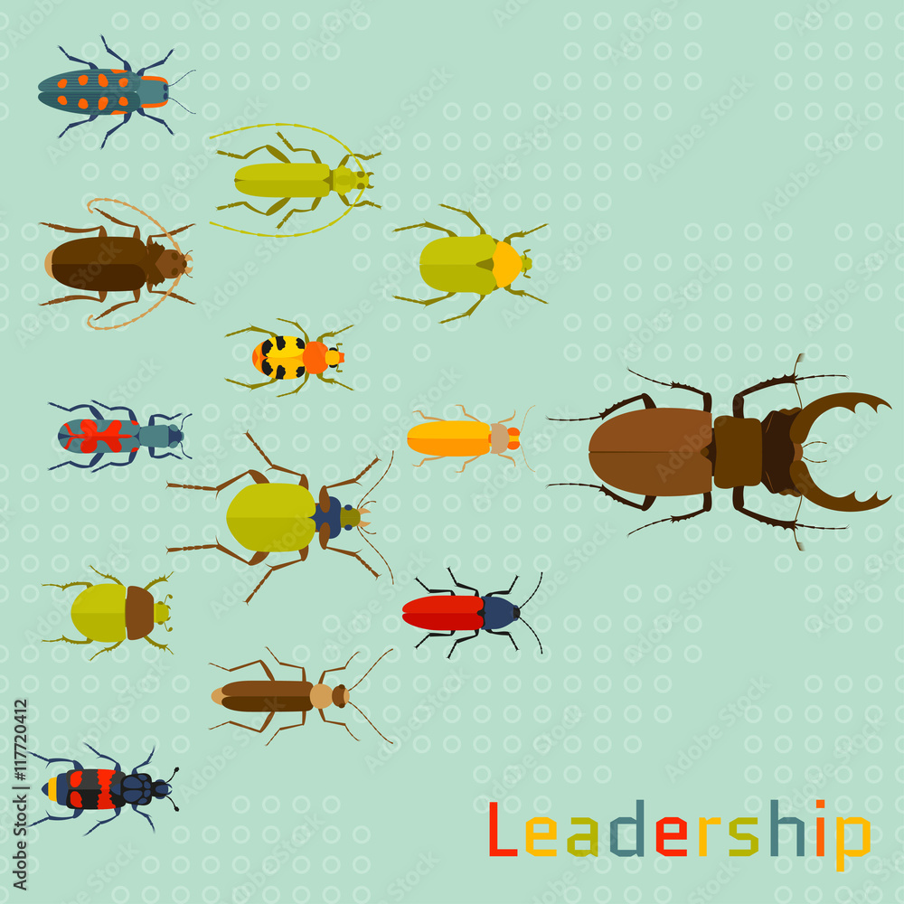 Leadership concept. Background with many insects and wooden texture. Vector illustration