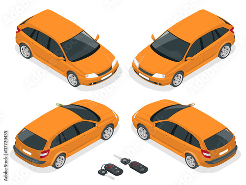 Isometric hatchback and car keys. Vector 3d flat transport. Car hatchback.
