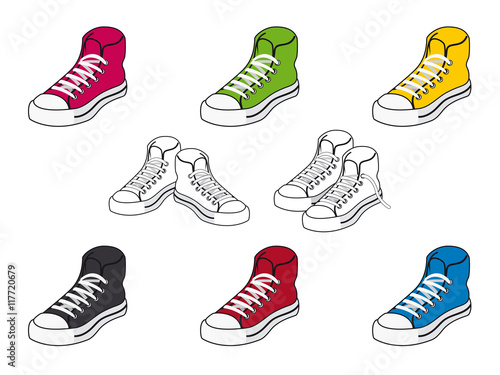 Sneakers of different colors icon set vector. Colorful sport shoes icons isolated on a white background. Cool teenage sneakers shoes design element