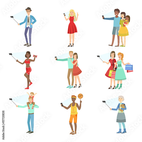 People Taking Picture With Selfie Stick Set Of Illustrations