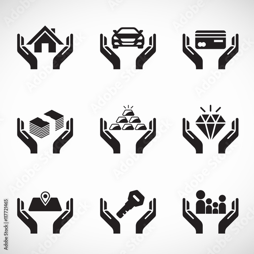 Hand hold asset and insurance icon business vector set design