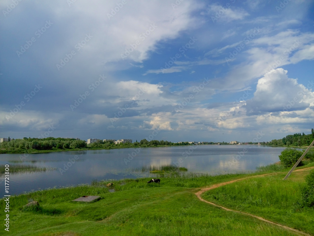 Beautiful nature, river and cloudy blue sky/Beautiful nature, river and cloudy blue sky