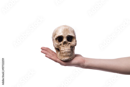 Hand holding skull isolated on white © Elnur