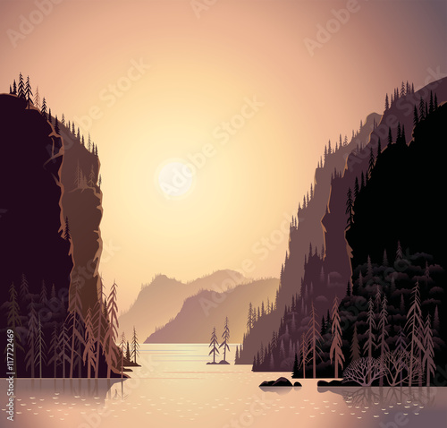 Sunrise in wild nature, landscape with mountains and water, taiga and forest.