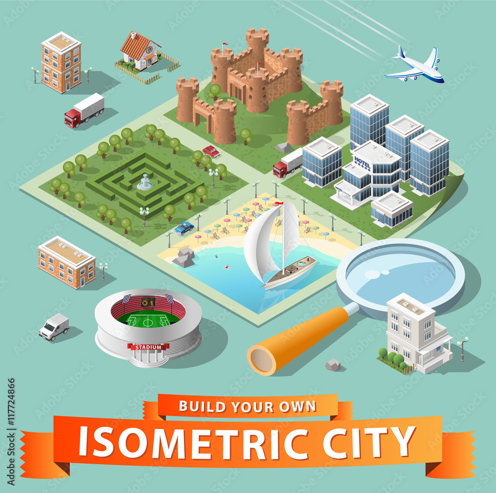 Fototapeta premium Build Your Own Isometric City. Vector Elements. 