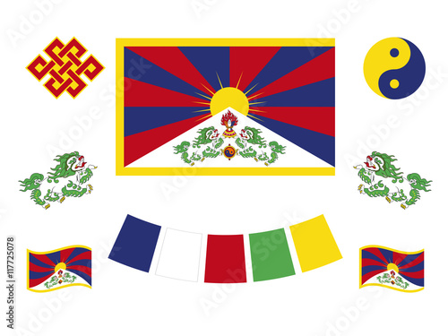 Tibetan flag and symbols. Tibetan set of icons. Symbol Of Buddhism. Vector illustration