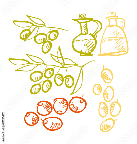 olive oil sketch set. vector design of italian food icon set. ha