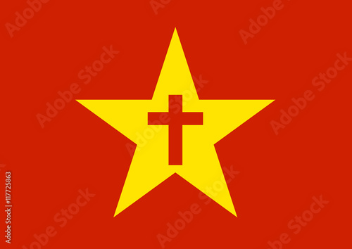 Yellow communist star and cross. Metaphor of head of roman catholic church, Pope Francis, and his critique of neoliberal economy ( slavery, exploitation, poverty ). Appeal for equality of socialism