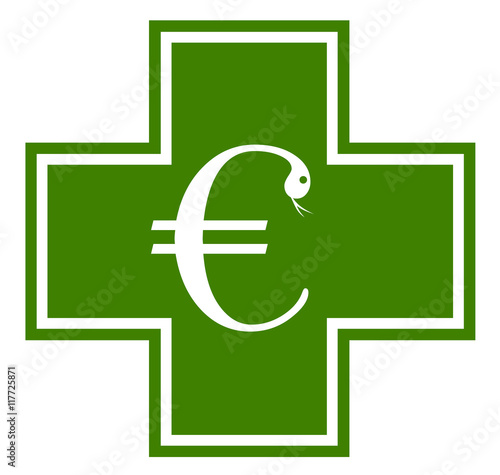 Green cross of pharmacy with Euro symbol as metaphor of European bailout / rescue fund to save eurozone from financial crisis, bankruptcy, recession, depression and inflation