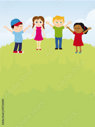 Happy kids on summer meadow. Vector illustration of a group of multicultural children