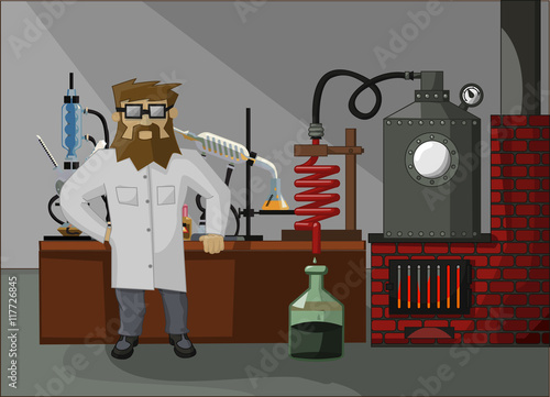 bearded chemist in the laboratory background