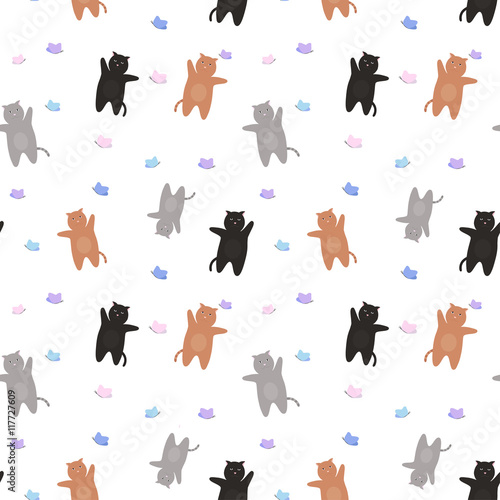 Fototapeta Naklejka Na Ścianę i Meble -  Pattern of red and gray cats with butterflies. On a white background