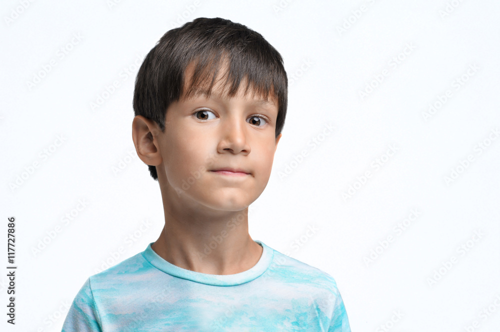 Portrait of pensive boy on white background Portrait of pensive boy on white background