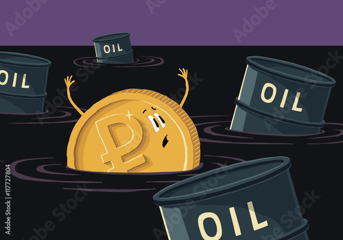 Ruble sinks in petroleum. Coin with ruble sign and Barrel of oil in spilled oil.