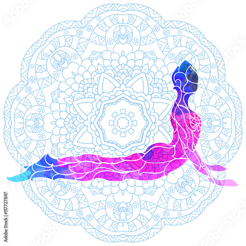 decorative colorful yoga pose over ornate round mandala pattern.