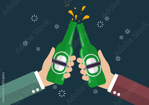 Two businessmen toasting bottle of beer