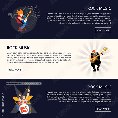Set of templates of banners with rock musicians playing different instruments with space for text vector illustration