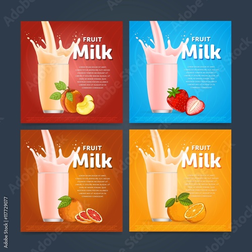 Banners of fruit milkshake dessert cocktail glass fresh drink in cartoon vector illustration