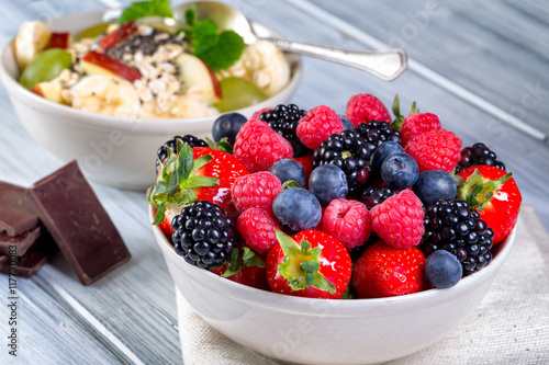 Bowl of fresh fruit. Bblackberries  raspberries  blueberries.