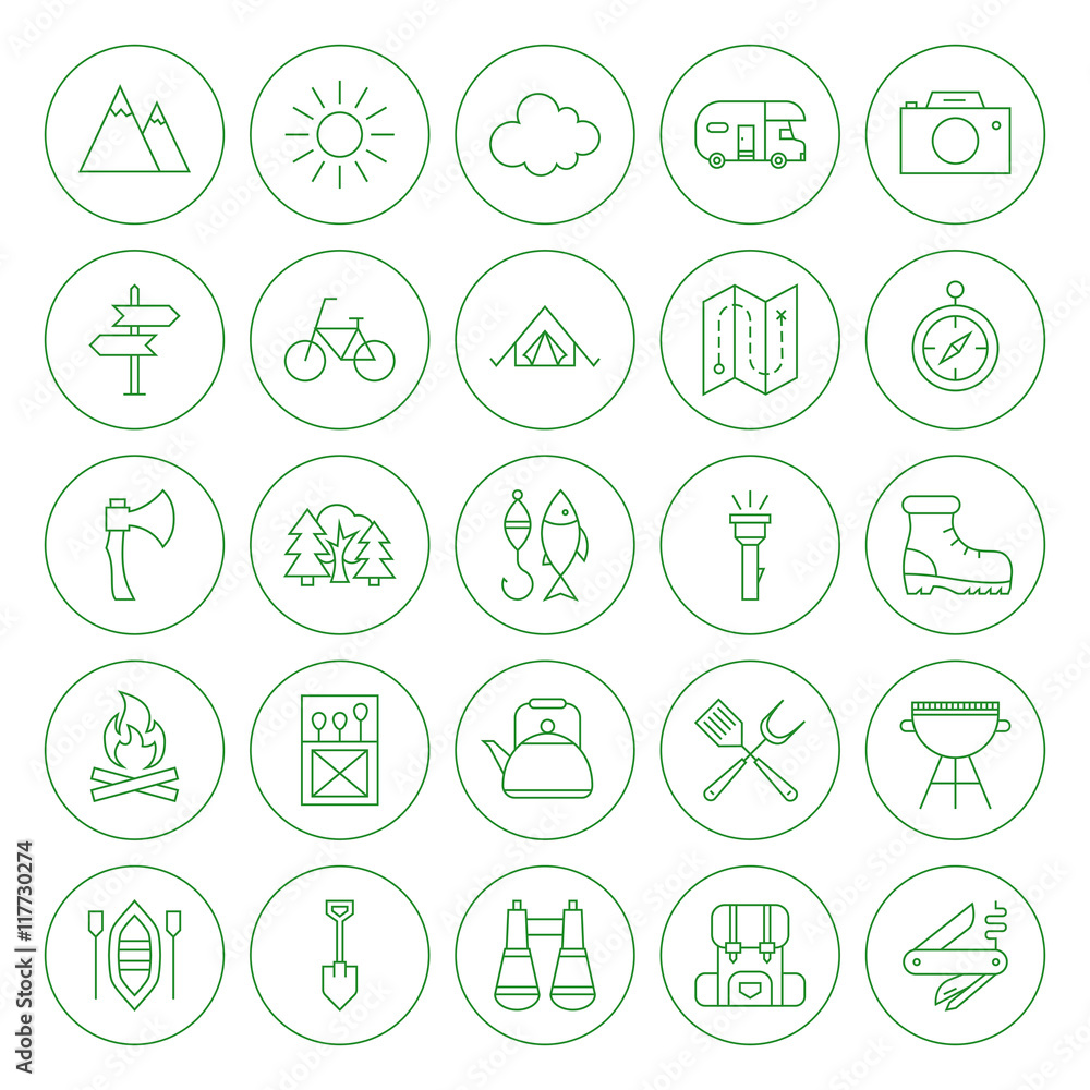 Fototapeta premium Line Circle Camping Icons Set