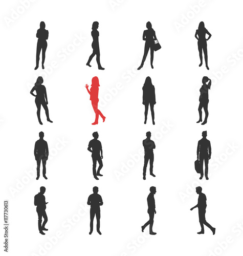 People, male, female silhouelles in different casual common poses