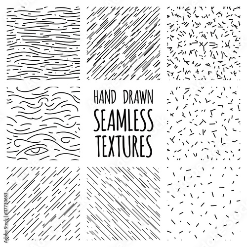 Set of seamless hand drawn irregular uneven black and white textures
