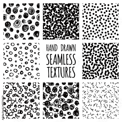 Set of seamless hand drawn irregular uneven black and white textures
