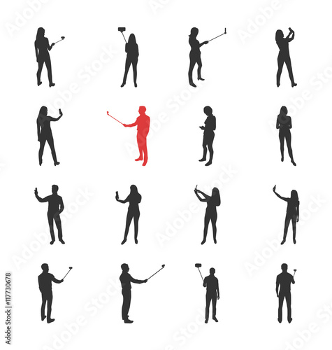 People, male, female silhouettes in shooting selfie pictures poses