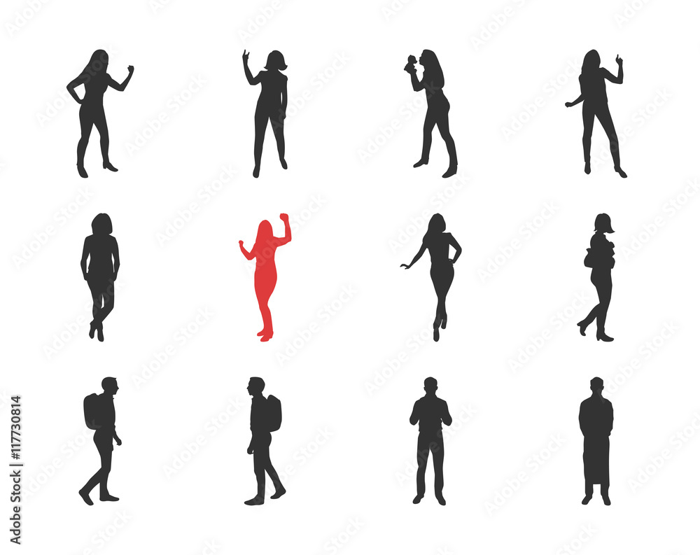 People, male, female silhouettes in different casual poses People, male, female silhouettes in different casual poses