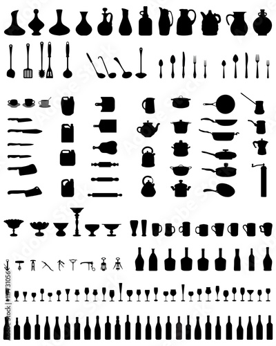 Black silhouettes of kitchenware on a white background, vector photo