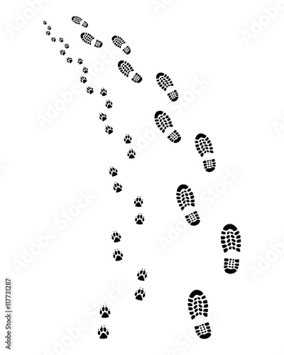 Footprints of man and dog, turn left, vector