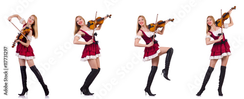 Bavarian girl playing the violin isolated on white