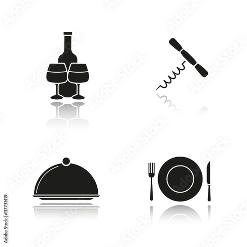 Restaurant items drop shadow black icons set